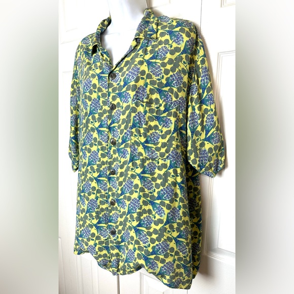 Vtg FLAX Jeanne Engelhart Hawaiian Thinking Tropics Shirt Button Down Green Blue - Picture 2 of 8